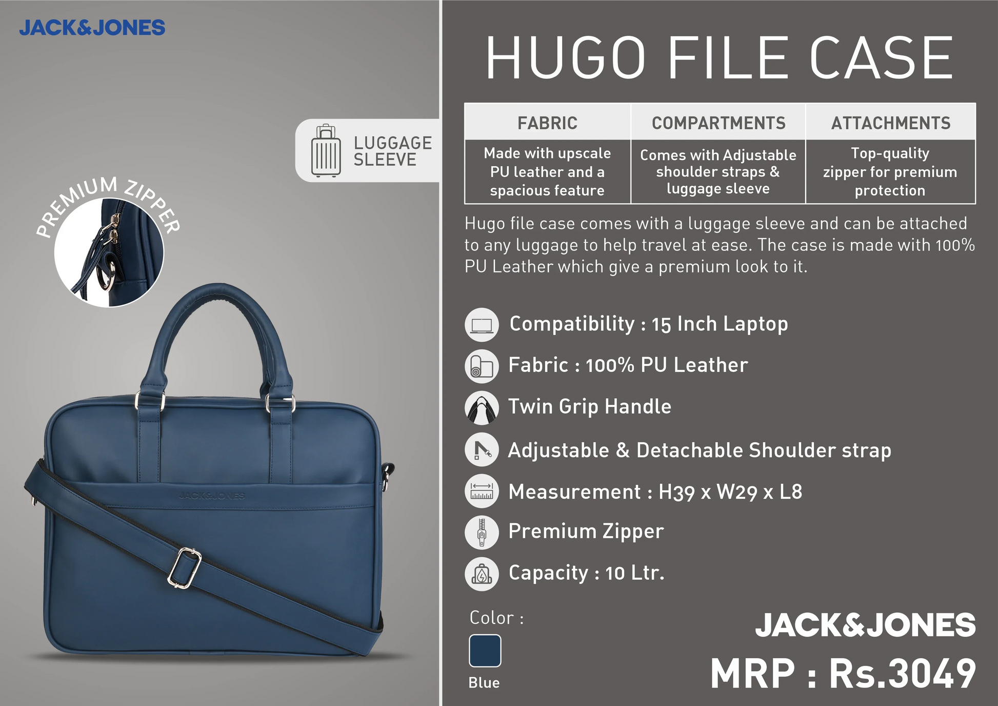 Blue file case with handle and zipper, featuring Jack & Jones branding.