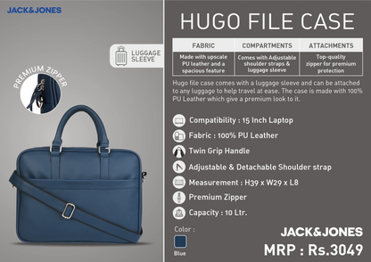 Blue file case with handle and zipper, featuring Jack & Jones branding.