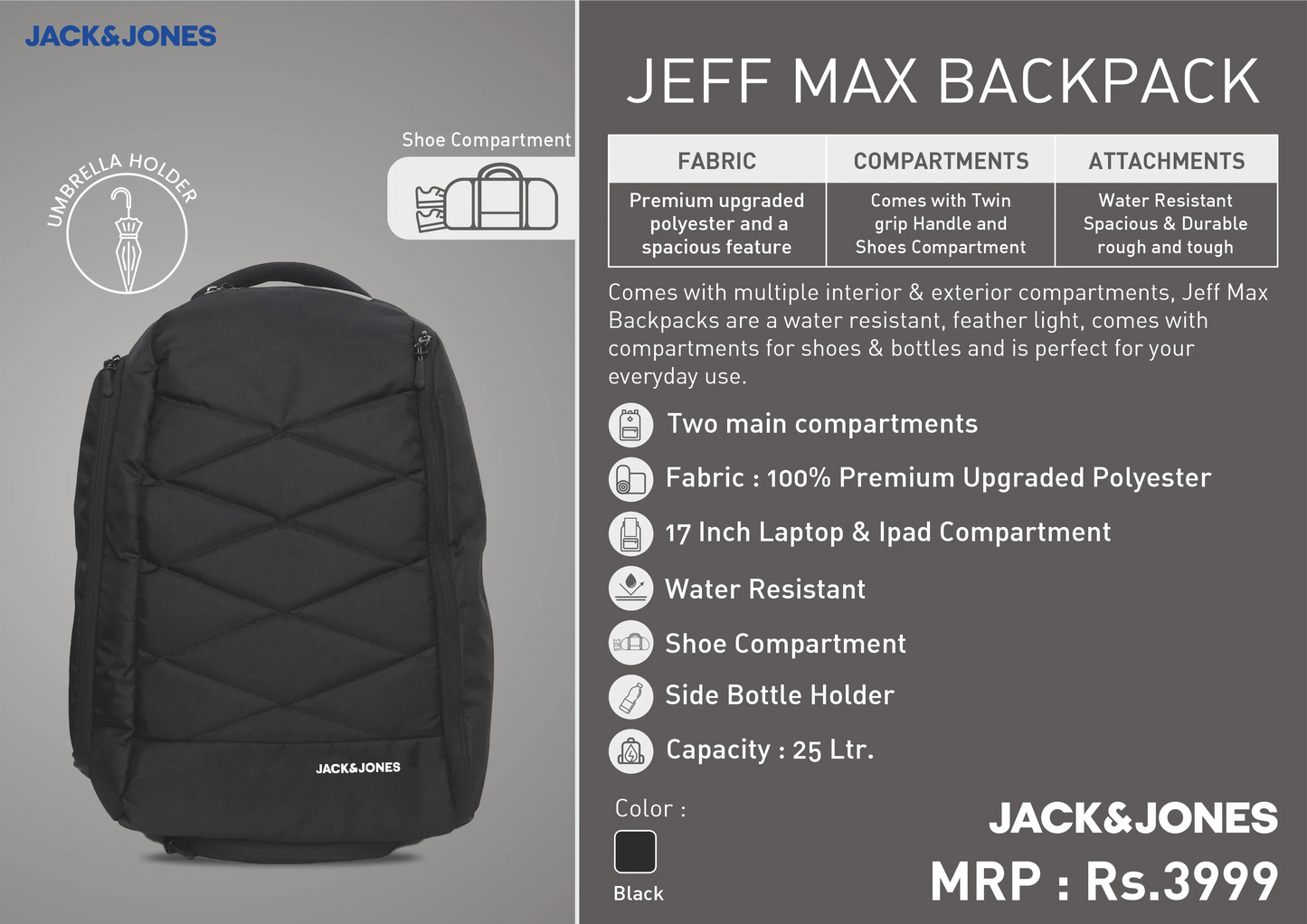 Black Jeff Max Backpack with TGS Logo and Jack & Jones Branding