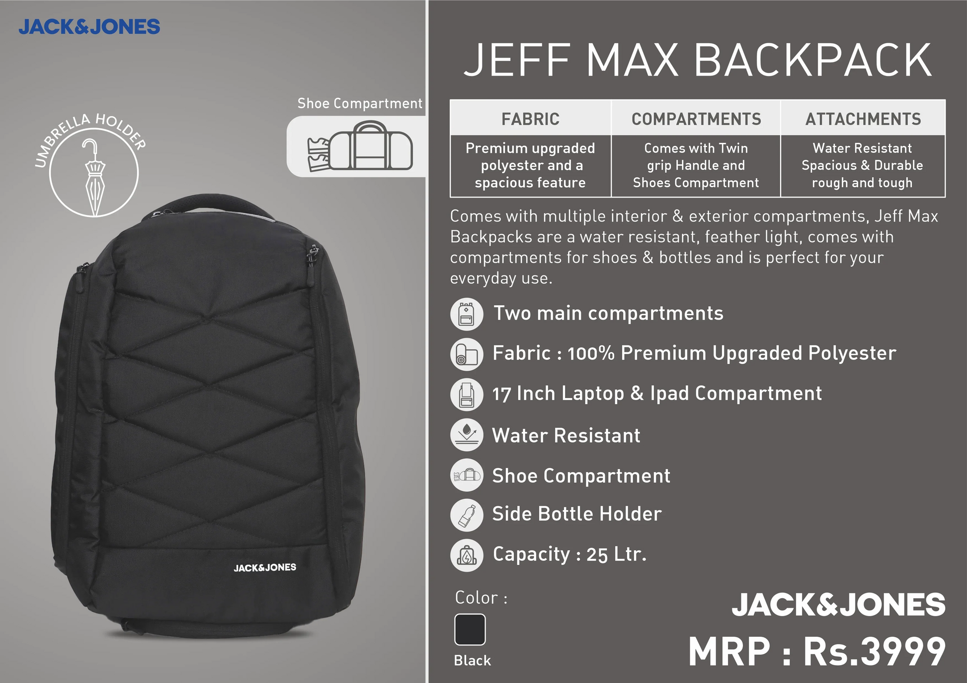 Black Jeff Max Backpack with TGS Logo and Jack & Jones Branding