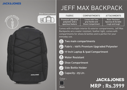Black Jeff Max Backpack with TGS Logo and Jack & Jones Branding