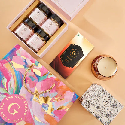 A top-down flat lay showing the full Moment of Calm Hamper assortment.