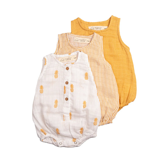 Organic Muslin Baby Romper (Pack of 3) – Pineapple Bliss