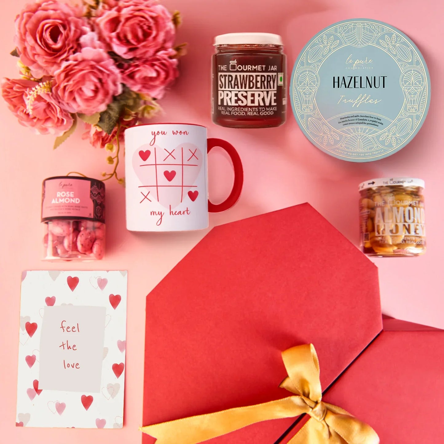 A top-down flat lay showing the full Rosey Surprise assortment.