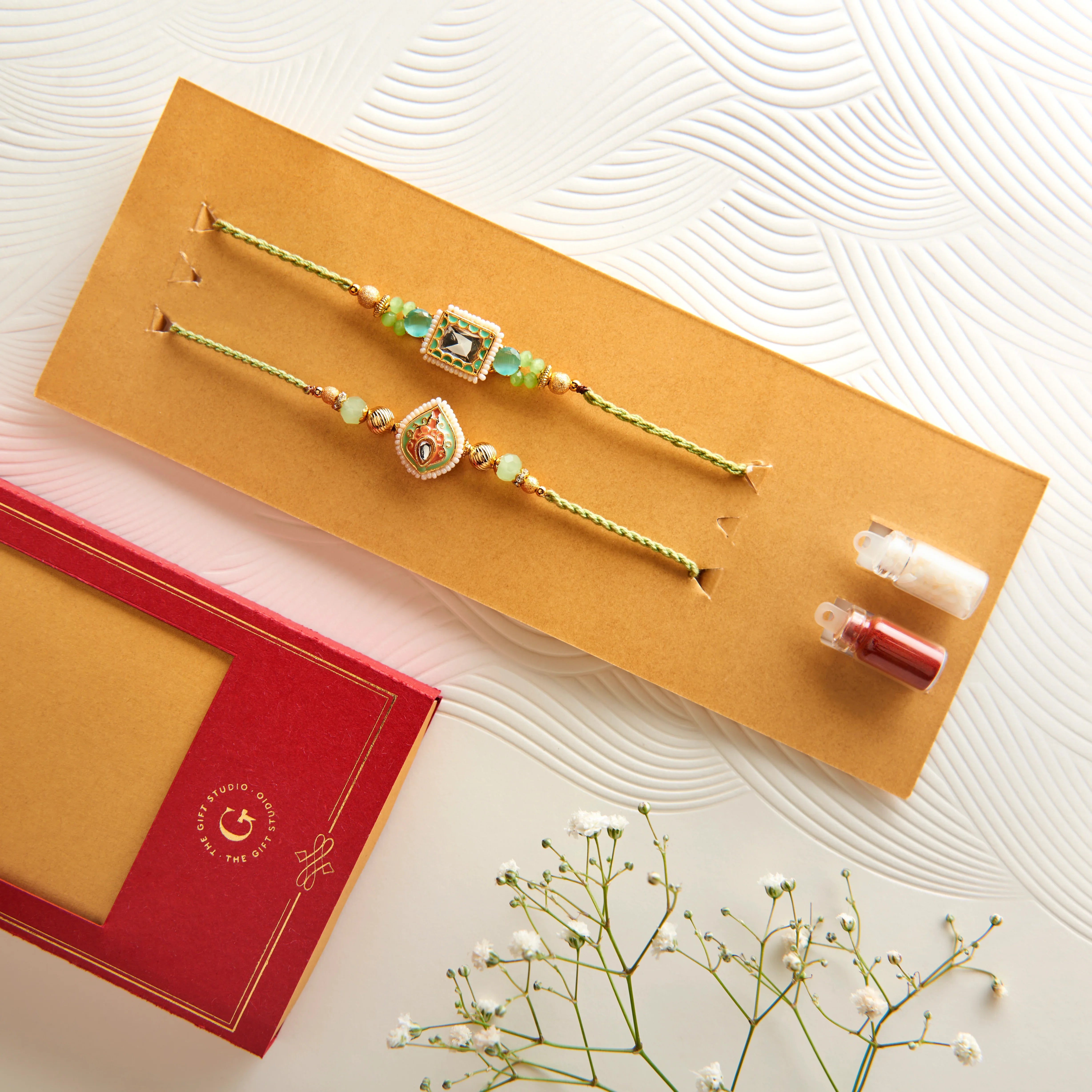 Set of 2 Mint Meenakari Rakhis with Kundan & Pearls