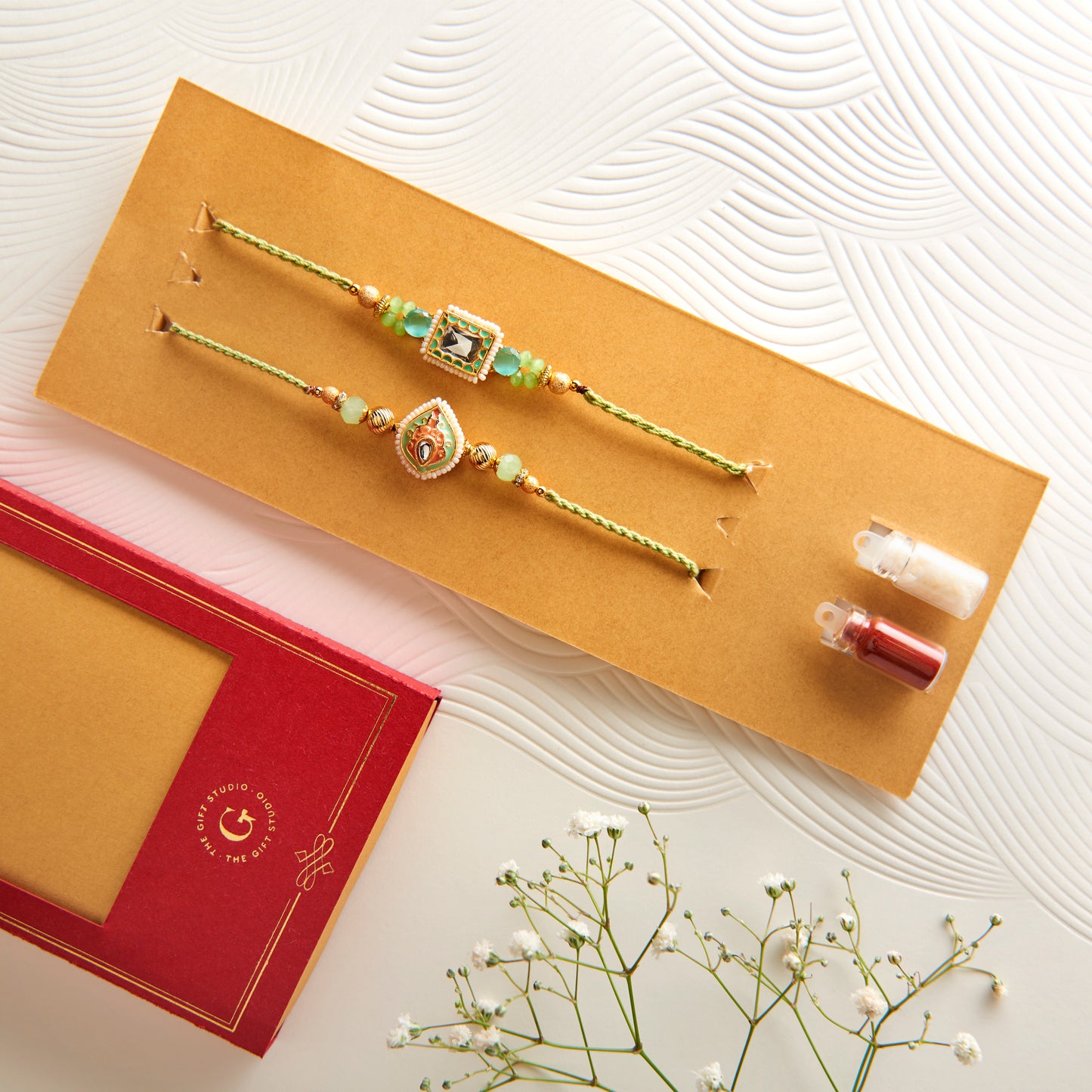 Set of 2 Mint Meenakari Rakhis with Kundan & Pearls