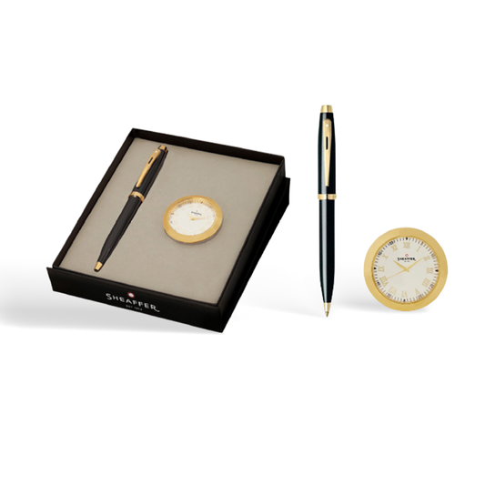 Sheaffer Gift Set Gold Tone Ball Pen with Table clock