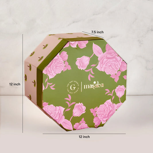 Octagonal green and pink gift box with floral design, measuring 12 x 12 x 7.5 inches