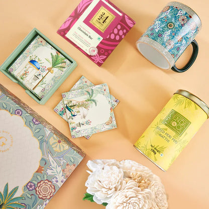 A top-down flat lay showing the full The Garden Gourmet Hamper assortment.