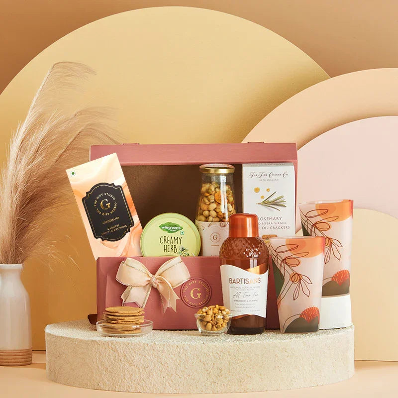 The Happy Hour Hamper items artfully displayed