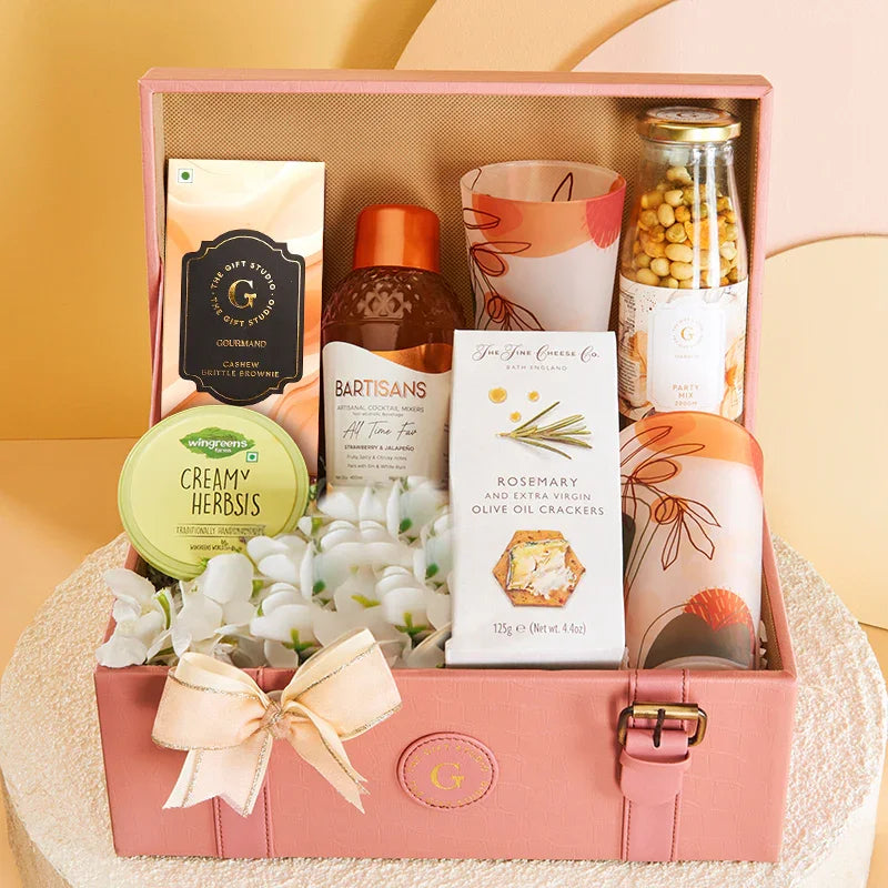 All The Happy Hour Hamper items neatly organized inside the open gift box
