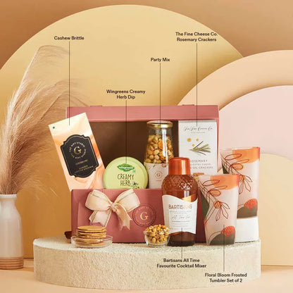 The Happy Hour Hamper products with individual identification labels
