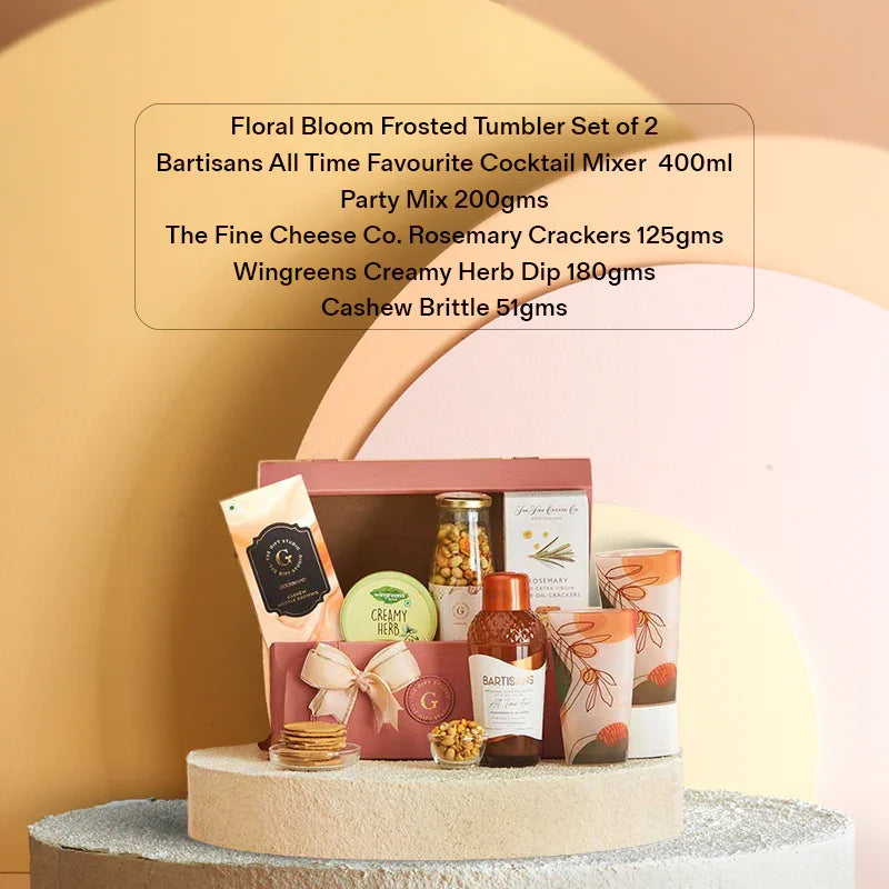 The Happy Hour Hamper shown with clear list of all items 