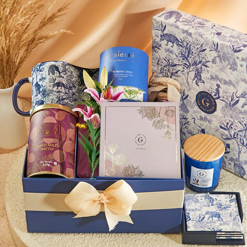 All High Tea Luxury Hamper items neatly organized inside the open gift box