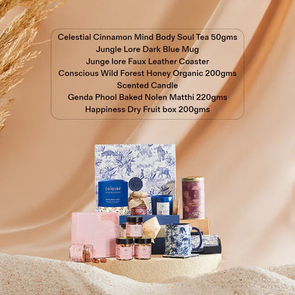 The High Tea Luxury Hamper shown with clear list of all items 