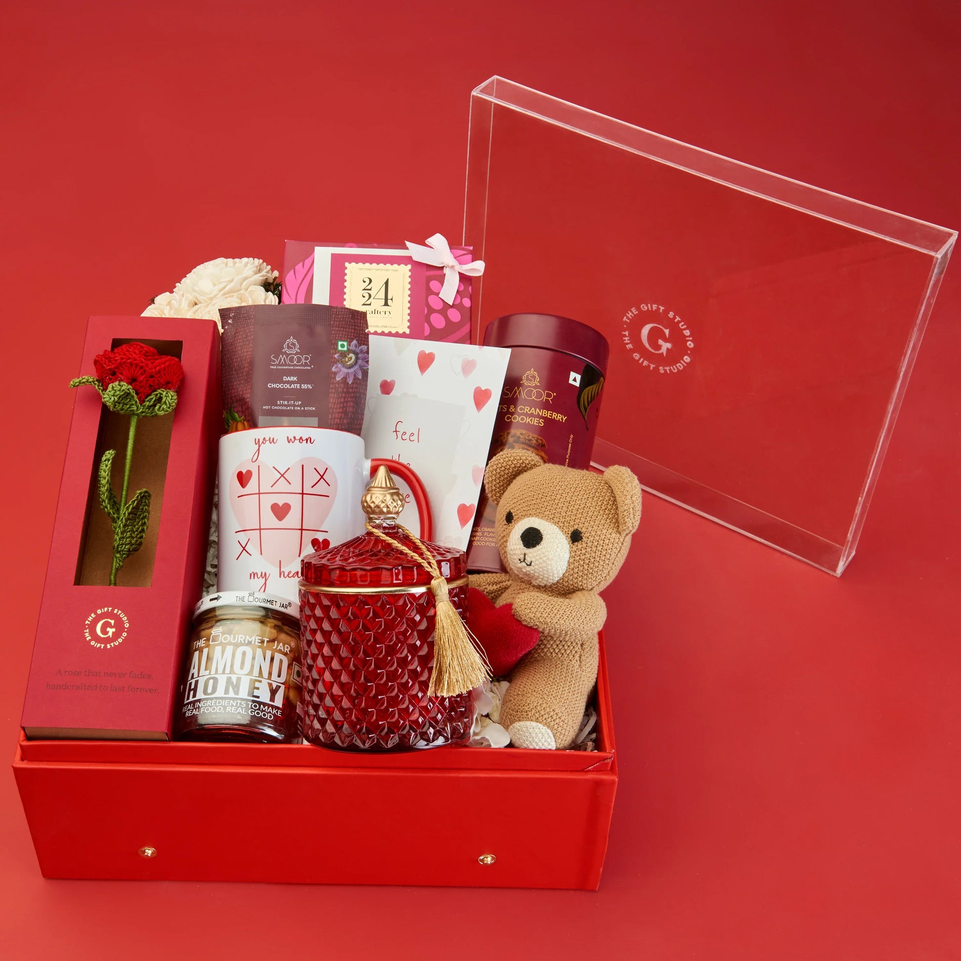 All The Luxe Love Affair Hamper items neatly organized inside the open box.