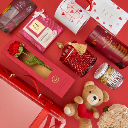 Top-down flat lay showing the full The Luxe Love Affair Hamper assortment.