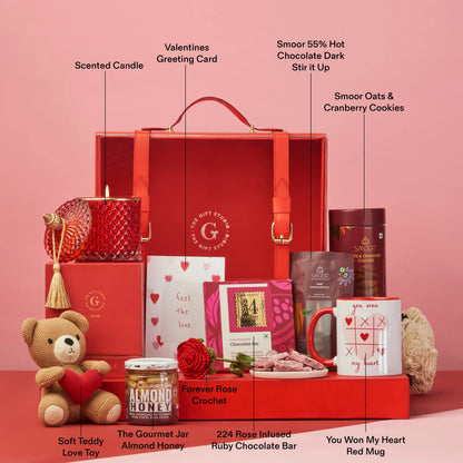 The Luxe Love Affair Hamper products with individual identification labels.
