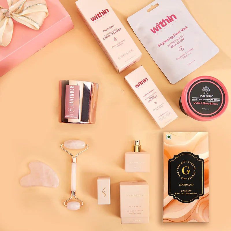 A top-down flat lay showing the full The Ultimate Sunday Reset Hamper assortment.