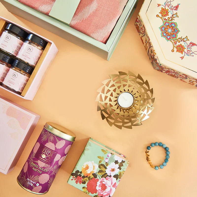 A top-down flat lay showing the full Timeless Elegance Hamper assortment.