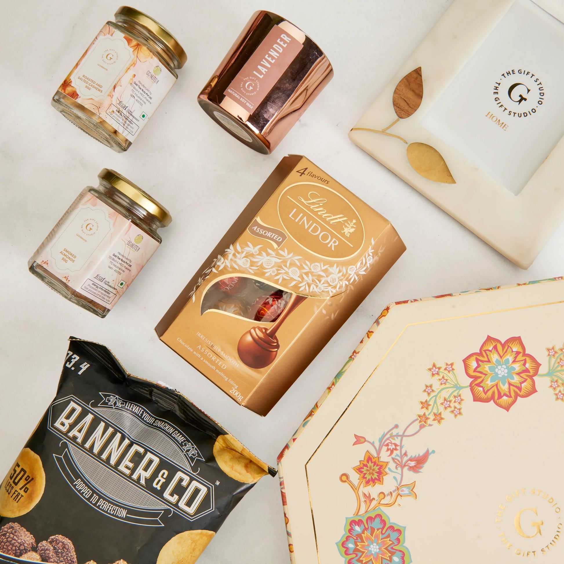 Top-down flat lay showing Timeless Memories & Munchies assortments
