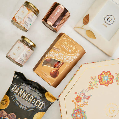 Top-down flat lay showing Timeless Memories & Munchies assortments