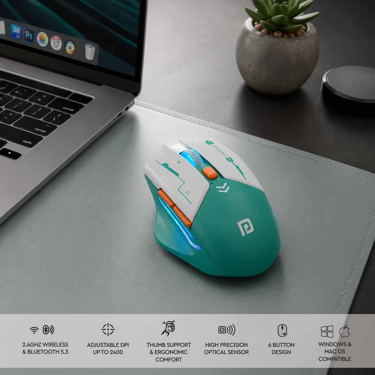Non-branded Teal computer mouse on a desk