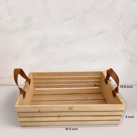 Large rectangular wooden crate with brown leather handles, 18.5x13.5x5 inches.