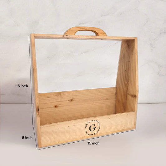Rectangular wooden trunk with handle, open front, 15x15x6 inch, on marble background.