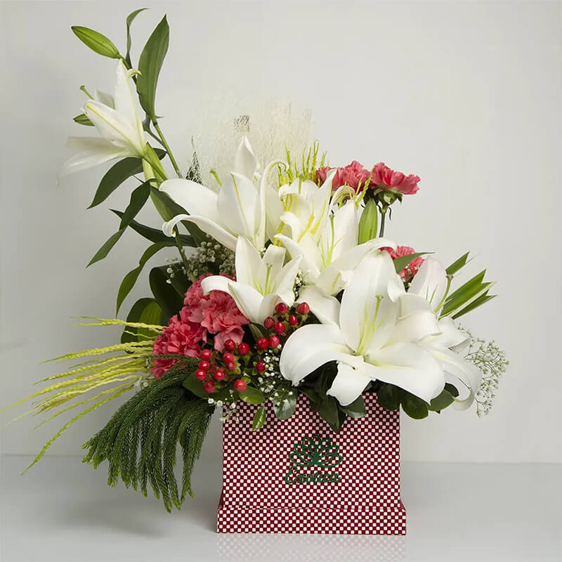 Box Of Lily, Carnations & Hypercium Berry