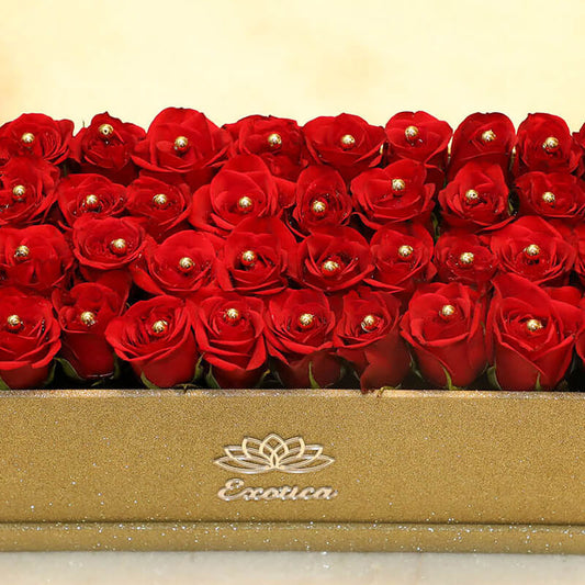 Golden Gliter Box Of Red Roses & Golden Pearl