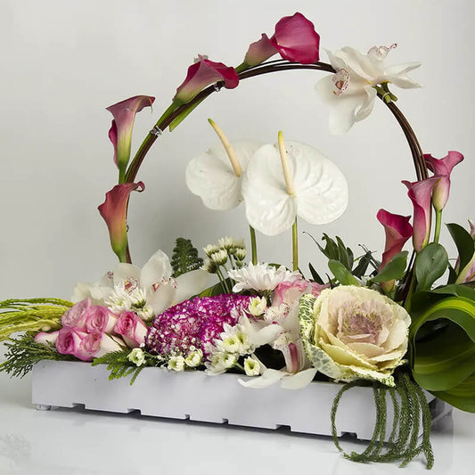 Wooden Tray Of Lily, Carnations , Daisy & Cymbidium(Exotic)