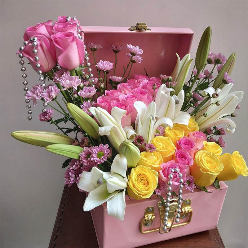 Pink Metal Trunk Of Roses, Lily & Daisy