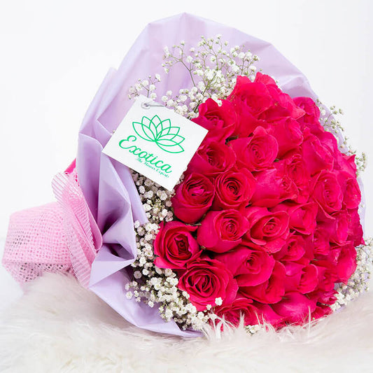 36 Dark Pink Roses & Gypsophila